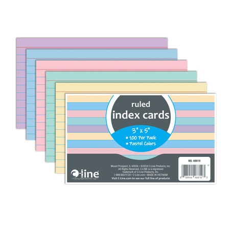 C-LINE PRODUCTS 3in X 5in Index Cards, Assorted Colors, Ruled, 100PK 48810